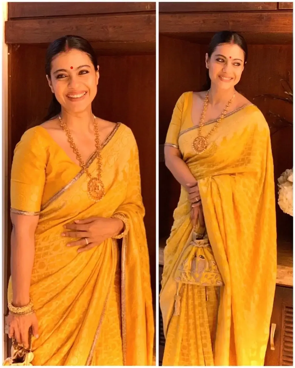 Hindi Actress Kajol Devgn in Traditional Yellow Color saree